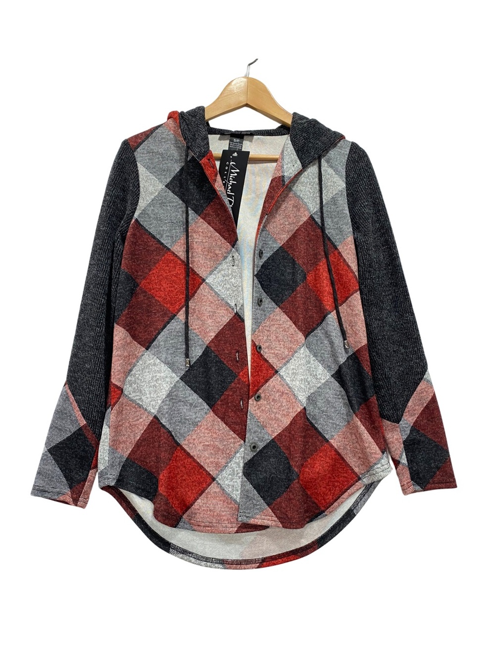 NWT Michael Tyler Plaid Jacket Size S Hooded Button Up Shacket Red Gray